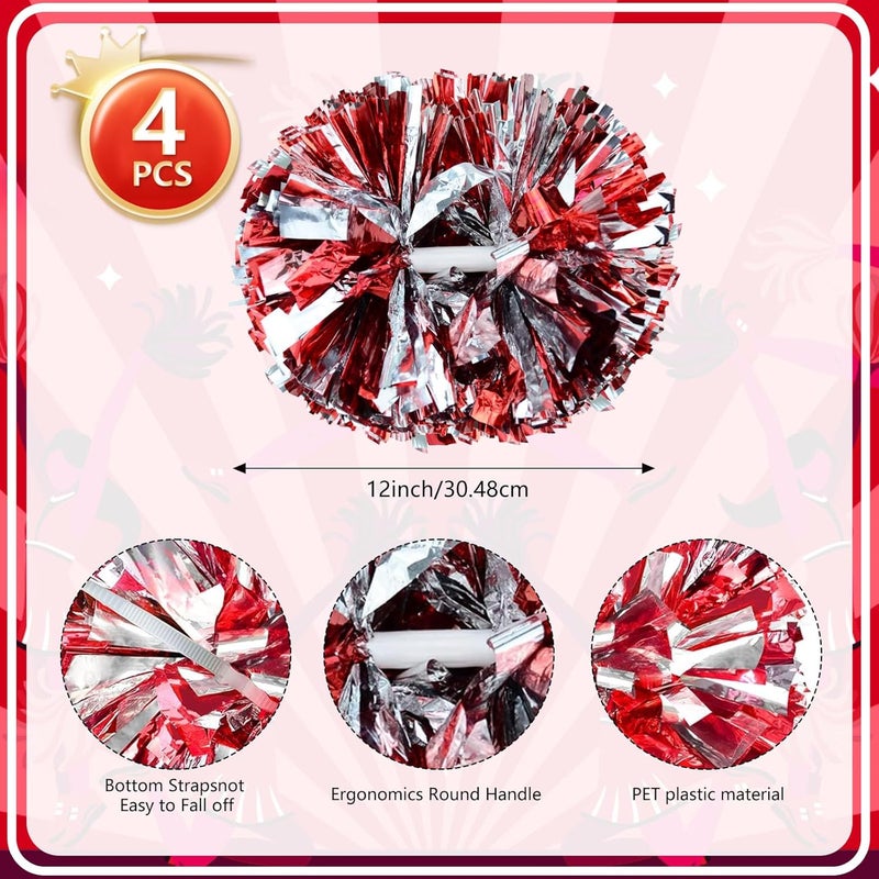 Zankubom 4 Pcs Metallic Cheerleading Pom Poms, 12Inch Cheerleader Pompoms with Baton Handle for School Team Sports Games Dance Cheer - Image 2